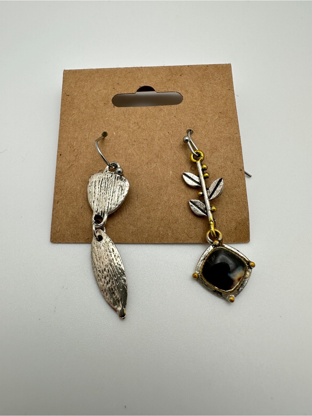 Asymmetric Leaf & Gem Dangle Earrings - Silver and Gold Tones